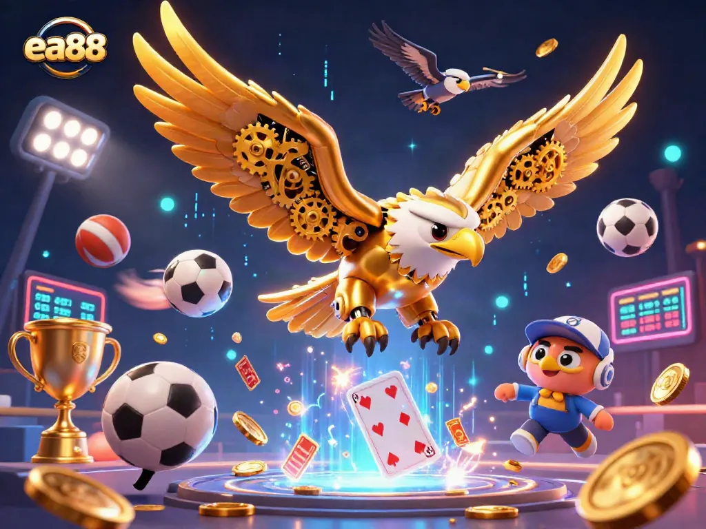 ea88 engages gamblers with a dynamic 3D casino scene featuring golden eagle and sports elements.