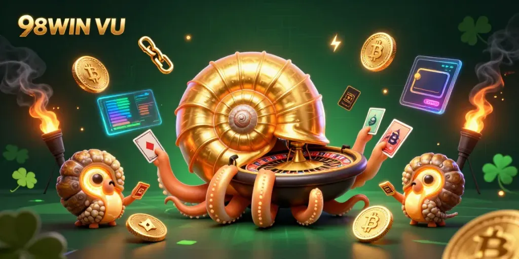 Experience exciting games at 98WIN VU, featuring a giant nautilus roulette wheel and crypto elements.