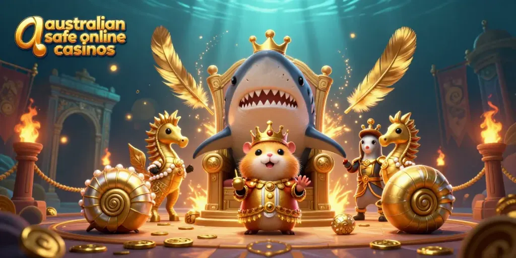Experience the excitement of australian safe online casinos with a scene of a golden hamster king and seahorse guards.