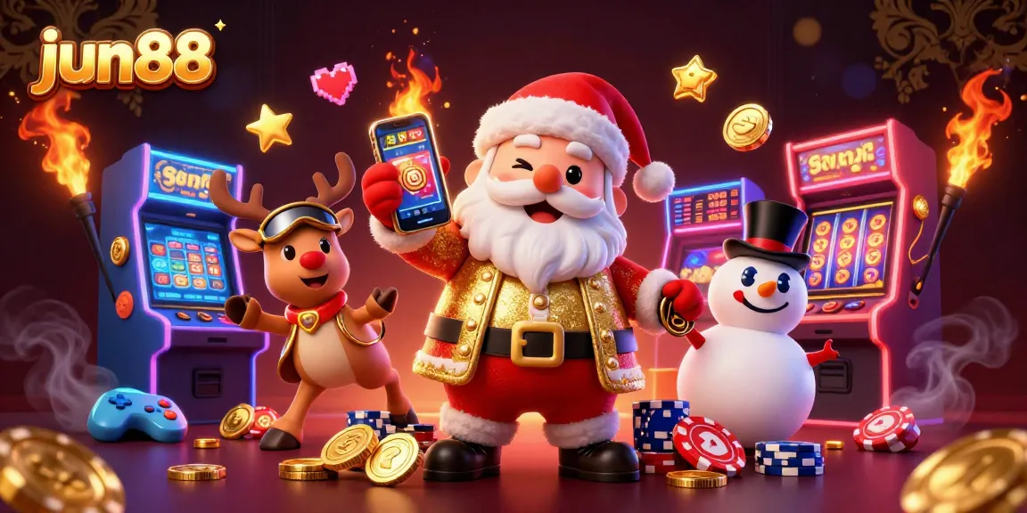 Experience exciting gameplay at jun88 with a festive cartoon illustration featuring casino elements.