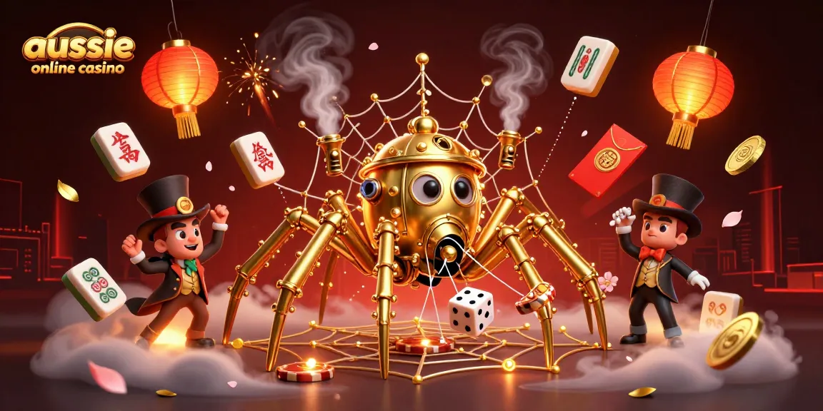 The aussie online casino image showcases a steampunk spider webbing together luck-themed elements amid vibrant colors.