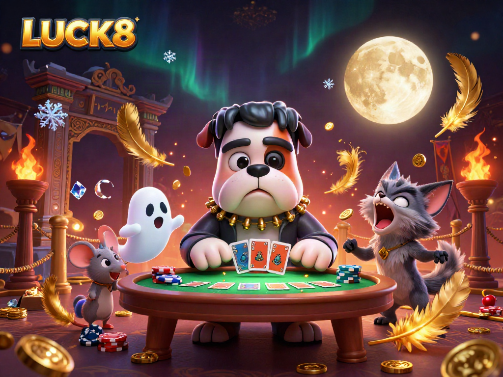 LUCK8 tham gia bàn chơi sôi động với chó Frankenstein và mèo sói giữa một khung cảnh đầy màu sắc.