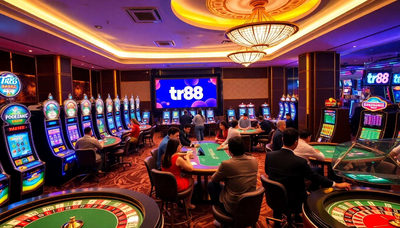 Enjoying thrilling games at tr88 casino with vibrant slot machines and engaged players.