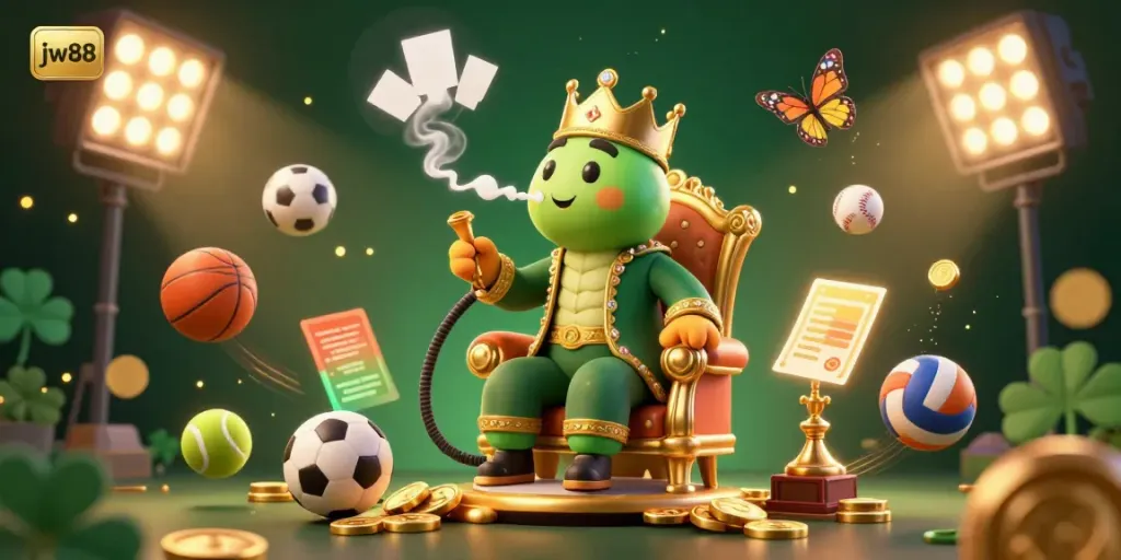 Experience the thrill of jw88 with cinematic visuals featuring an energetic casino scene with unique characters and dynamic elements.
