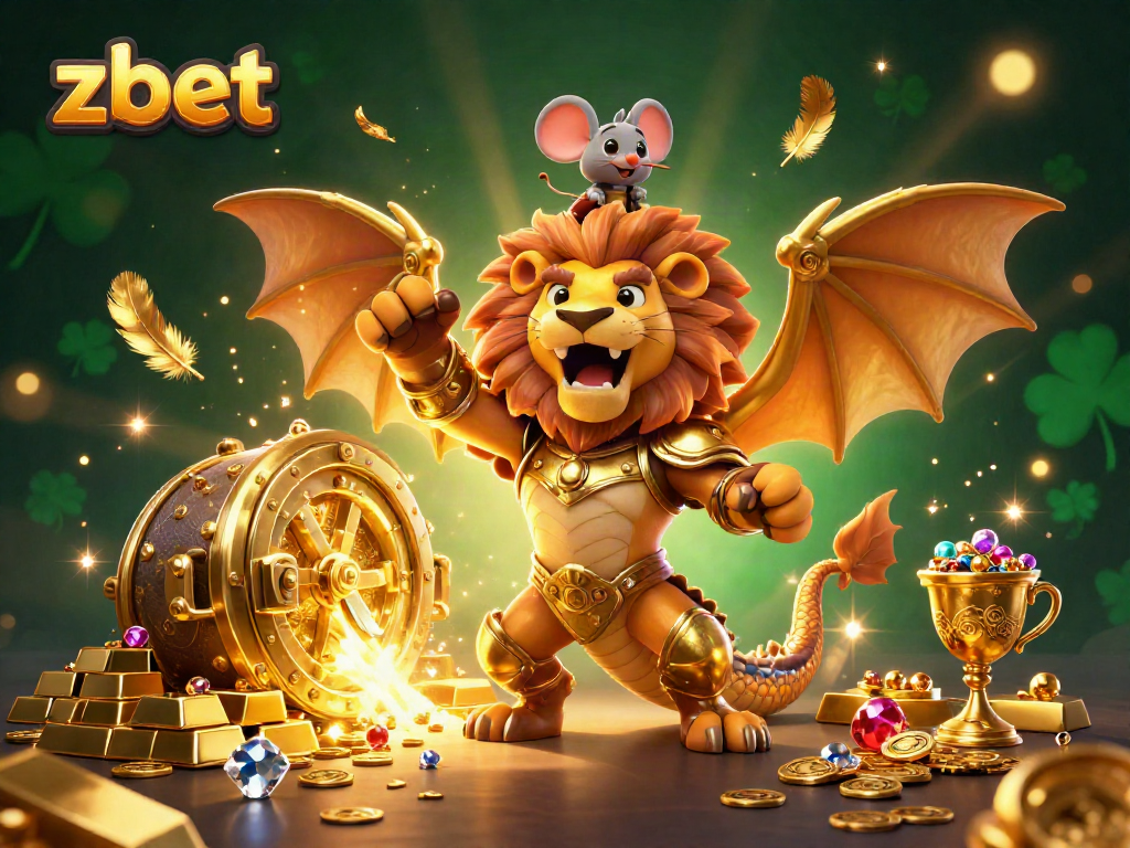 Bet big with zbet in this vibrant 3D illustration featuring a triumphant chimera surrounded by treasure.