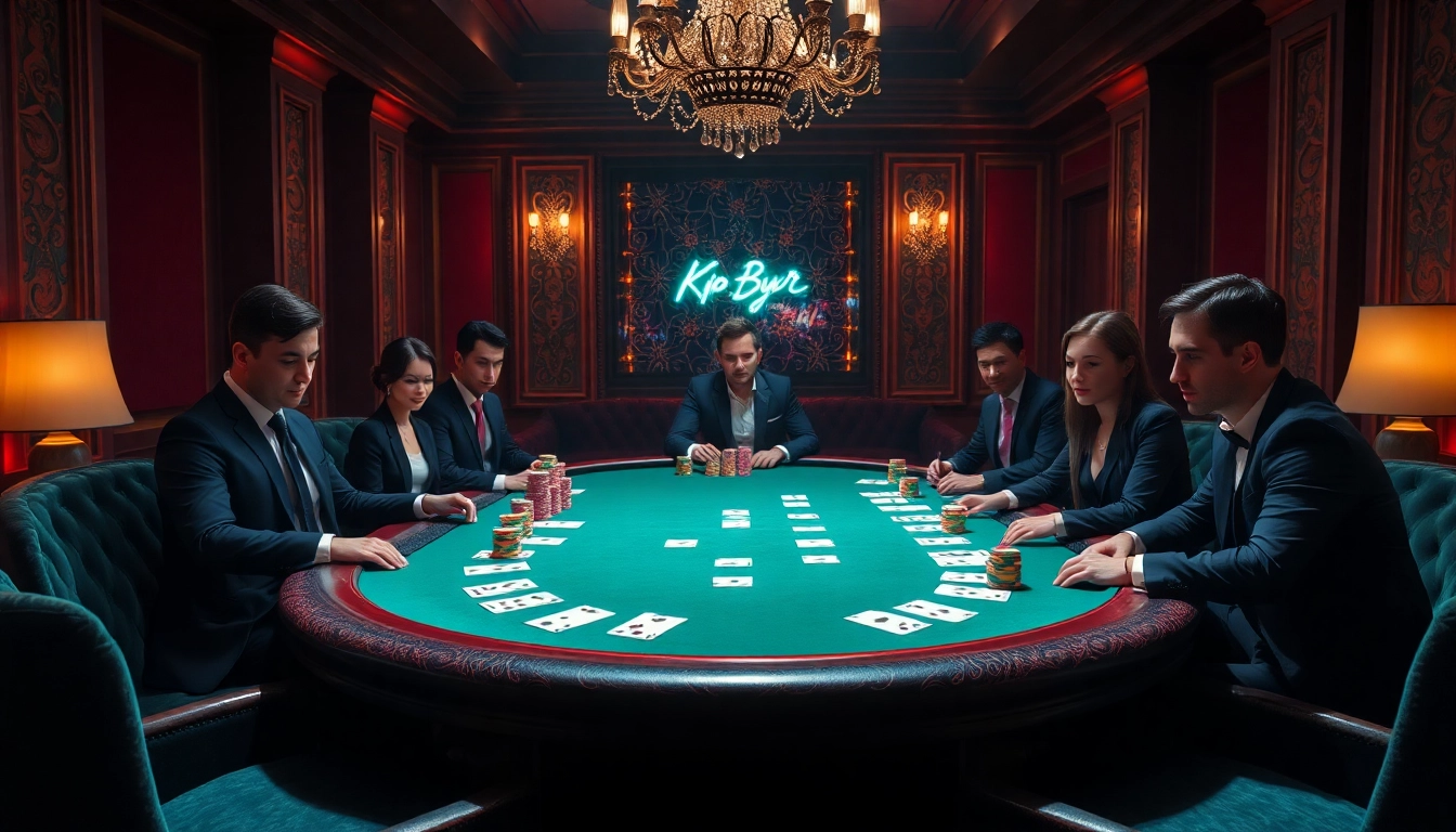 kp88 vip players engaging in a high-stakes poker game with vibrant chips and elegant decor.