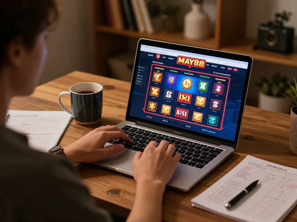 MAY88 online gaming night featuring a focused player at a stylish desk, laptop displaying casino games.