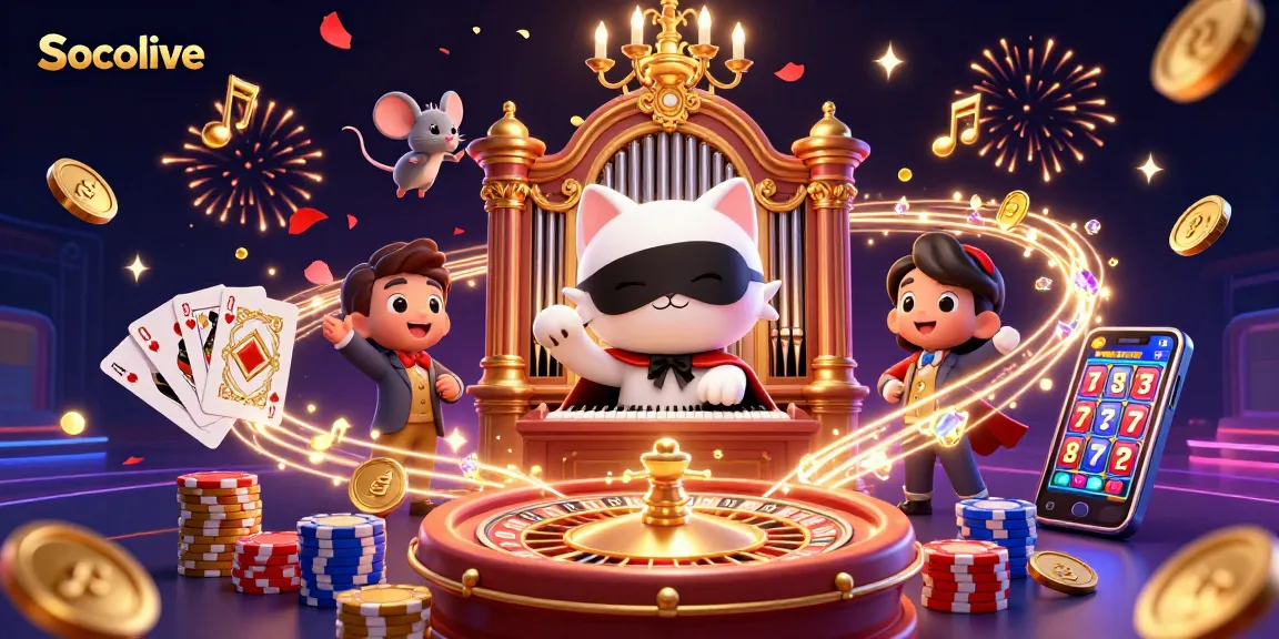 Socolive enhances your betting experience as a cat organist entertains surrounded by vibrant casino elements.