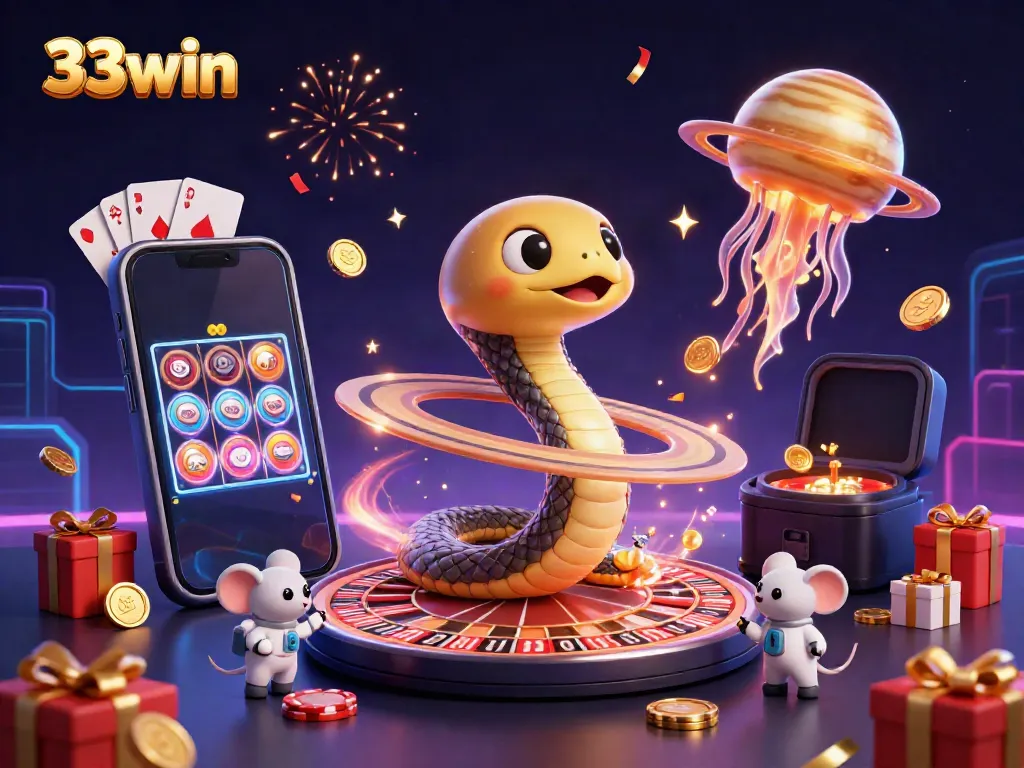 Engaging scene depicting 33win characters in a cosmic gambling event with vibrant, interactive elements.