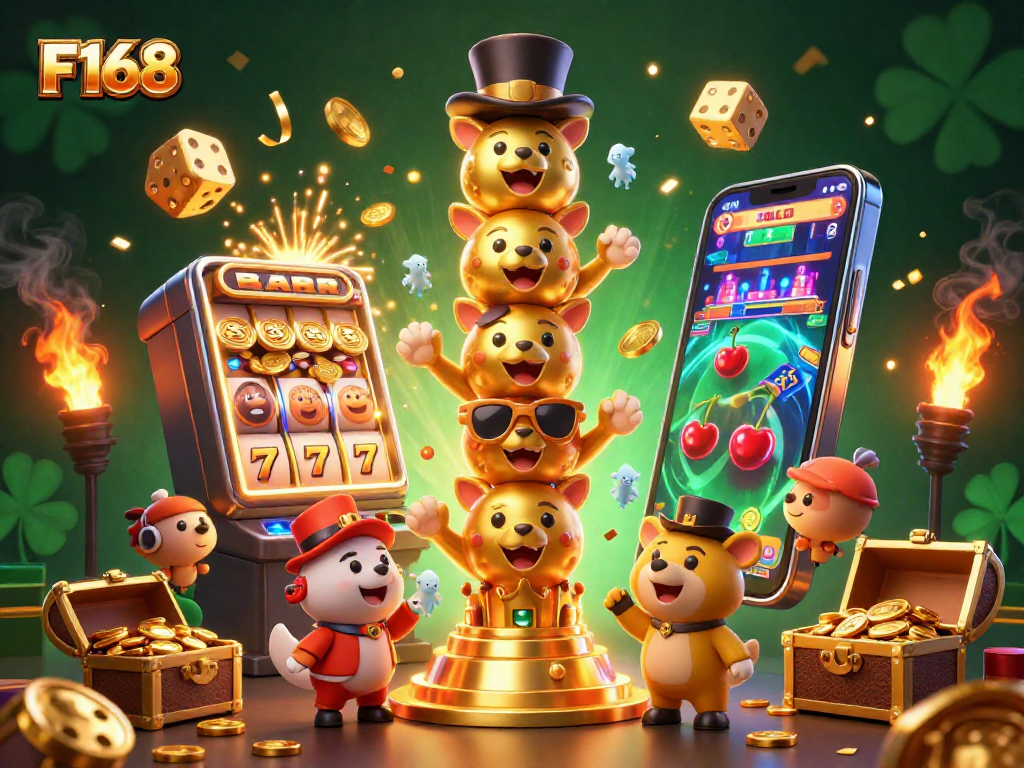Spin and win at F168 with vibrant casino elements bursting with excitement and gold!
