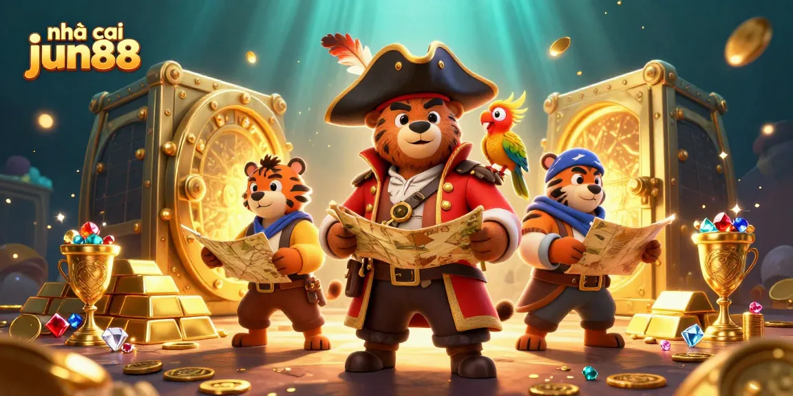 Join the excitement at nhà cái jun88 with vibrant gambling elements and treasure-themed characters.
