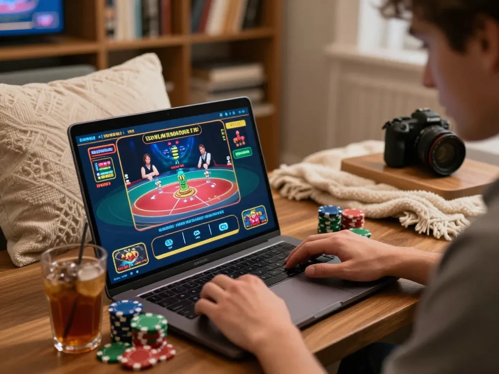 Player engaging in live dealer game on laptop, showcasing TX88 thrilling online casino experience