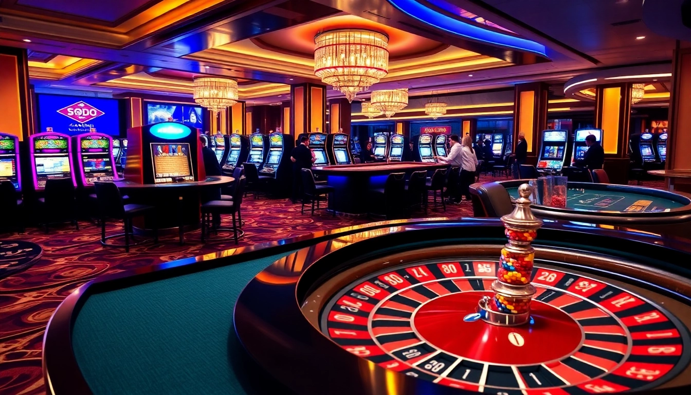 SODO CASINO vibrant atmosphere with roulette, poker tables, and luxurious slot machines.