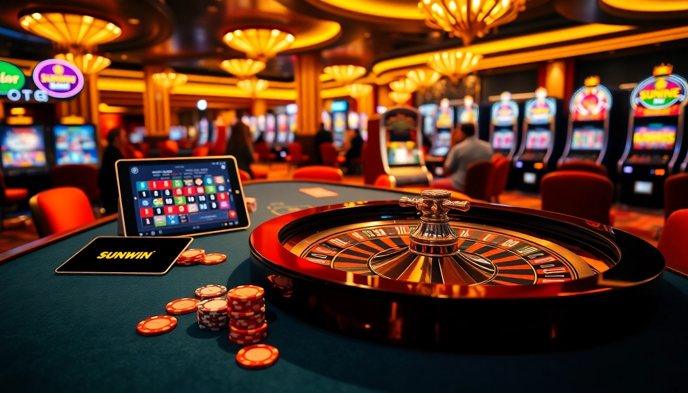 Experience the excitement of sunwin with vibrant poker tables, chips, and an elegant casino background.