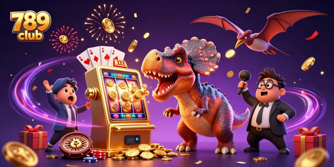 Experience the thrill of winning big at 789 club with a lively casino scene featuring cartoon dinosaurs and a jackpot.