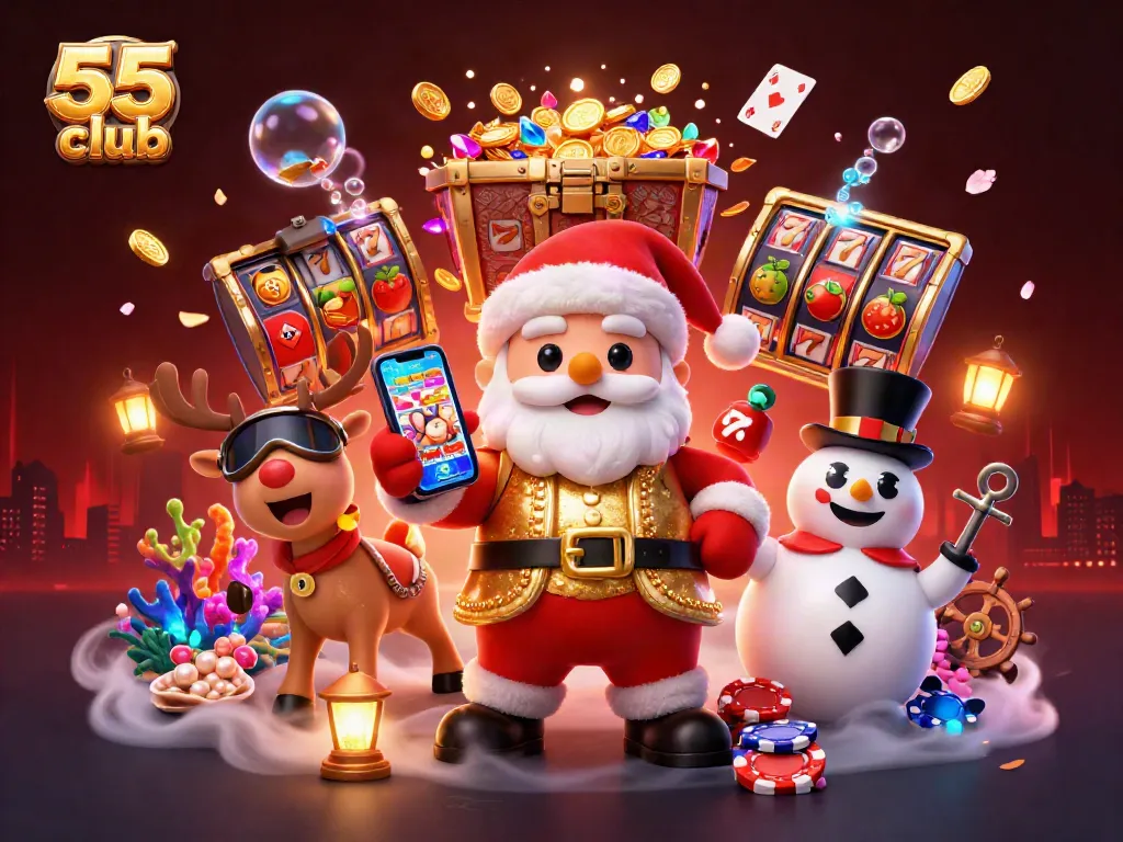 Experience the thrill of the 55 club with Santa and friends celebrating jackpot wins in a vibrant casino.