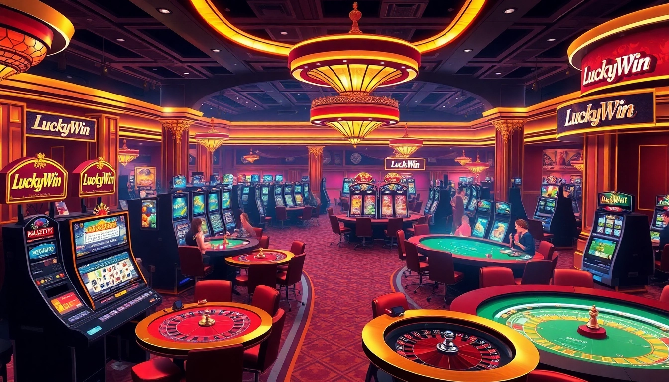 LuckyWin casino atmosphere with players engaged at slot machines and poker tables.