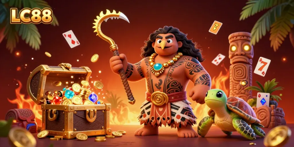 LC88 showcases an exciting online gambling scene with a hawk demigod and gold coins exploding from a treasure chest.