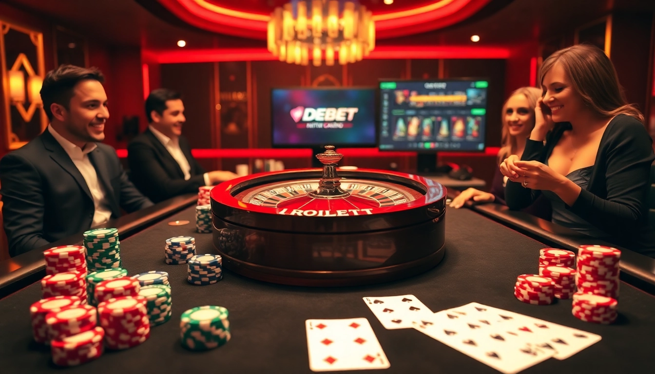 Thrilling gaming action at Nhà Cái DEBET with roulette, poker chips and online betting interface.