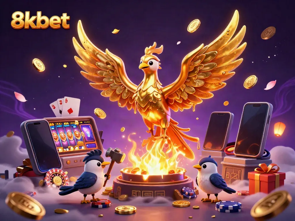 Engage with thrilling 8kbet gaming featuring a molten golden phoenix and dynamic casino elements.