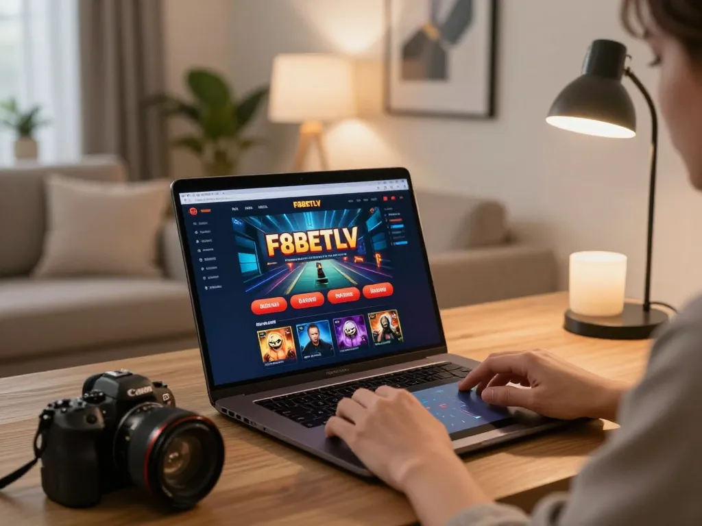 Engaging online session at F8BETLV with a laptop and cozy atmosphere while playing casino games.