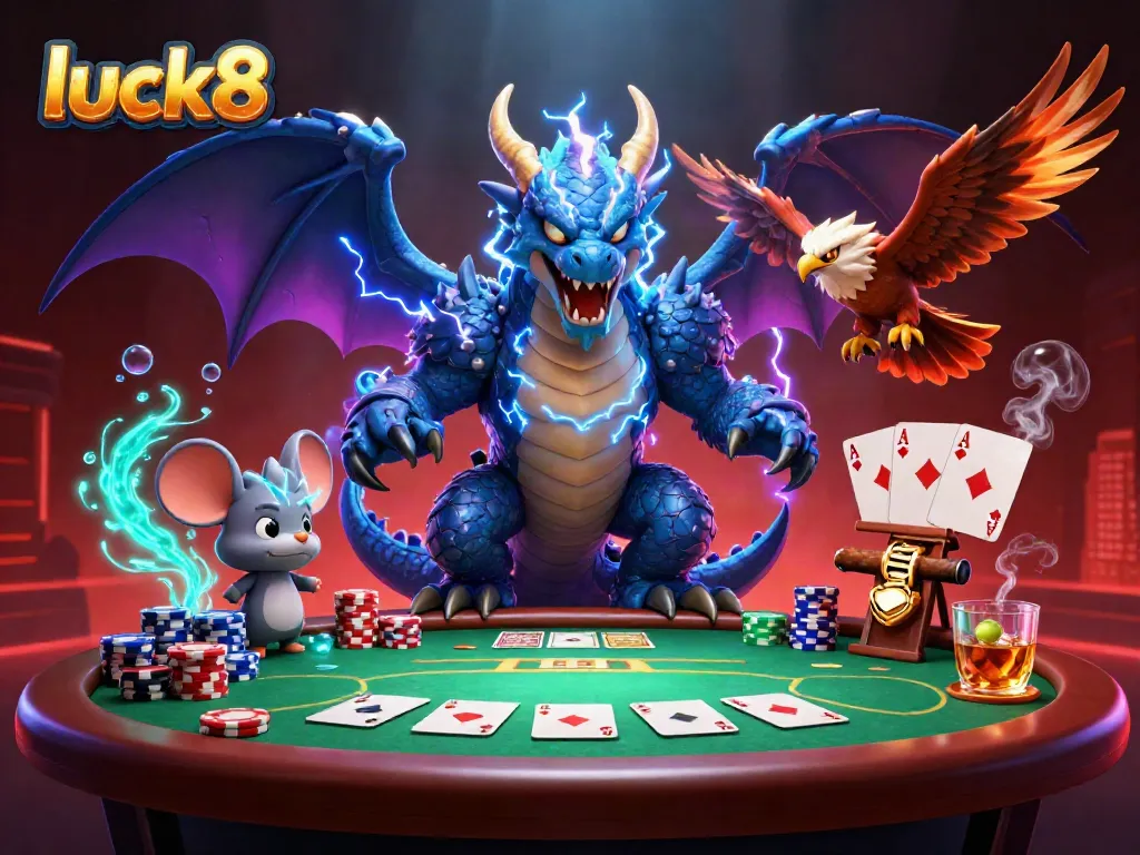Experience the exciting atmosphere at luck8 with thrilling poker action featuring vibrant characters and game elements.