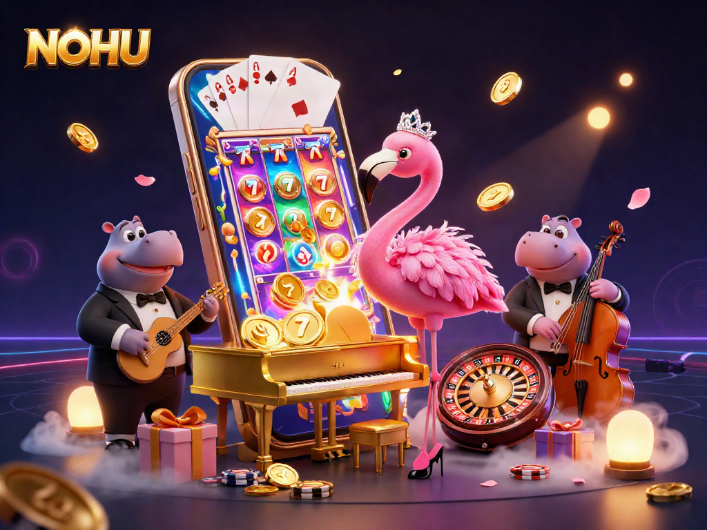 Experience NOHU's vibrant casino atmosphere with a flamingo singer and hippo bassist amidst slot game excitement.