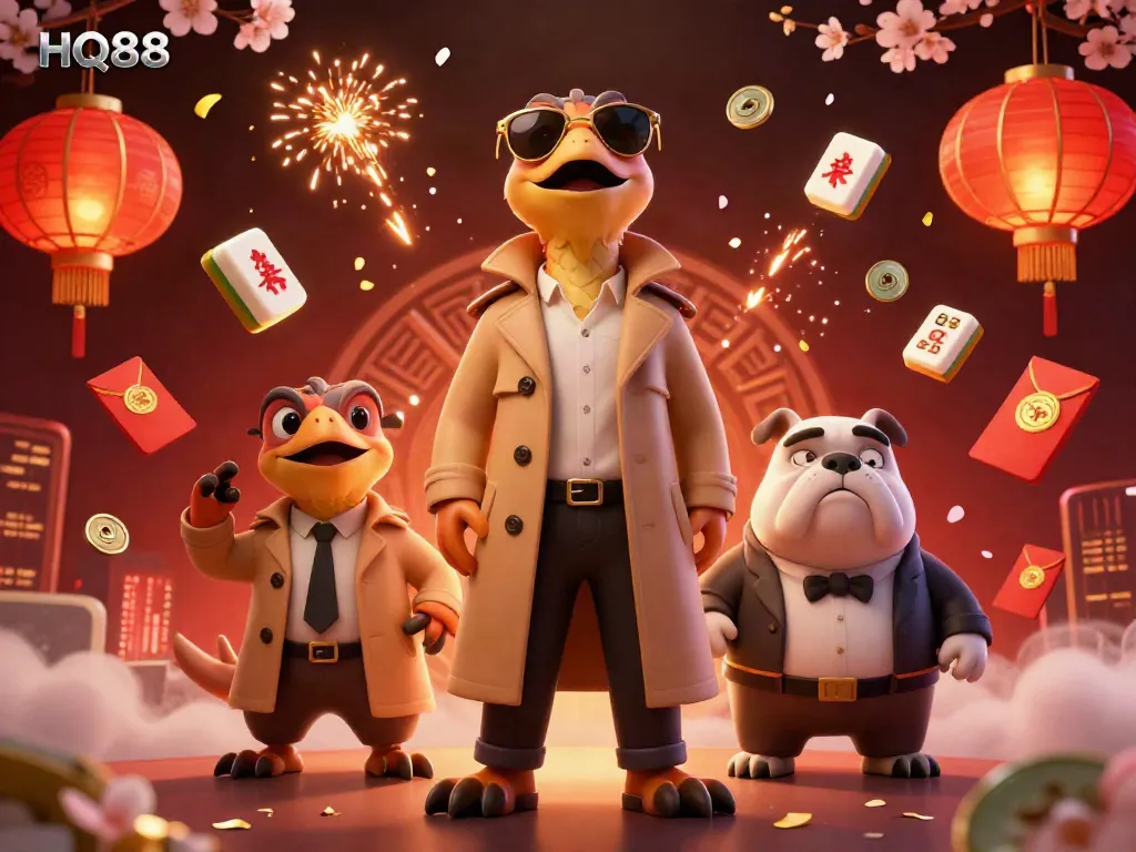 Experience excitement at HQ88 with cartoon raptors in a trench coat entering a VIP casino lounge.