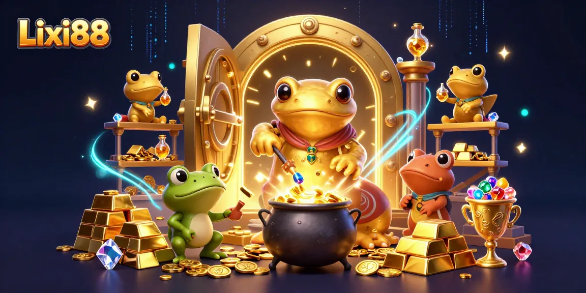 Lixi88 players tuning into the excitement of online gaming amidst shimmering treasures in a vibrant 3D scene.