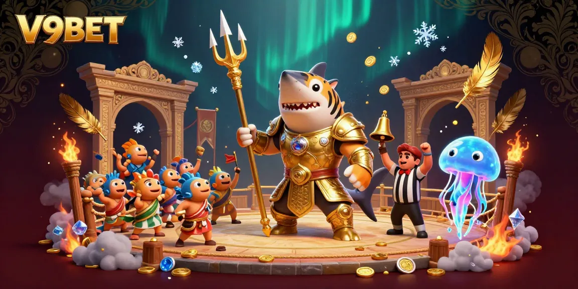 Engage in thrilling gameplay at V9BET with an underwater casino scene featuring a gladiator shark.
