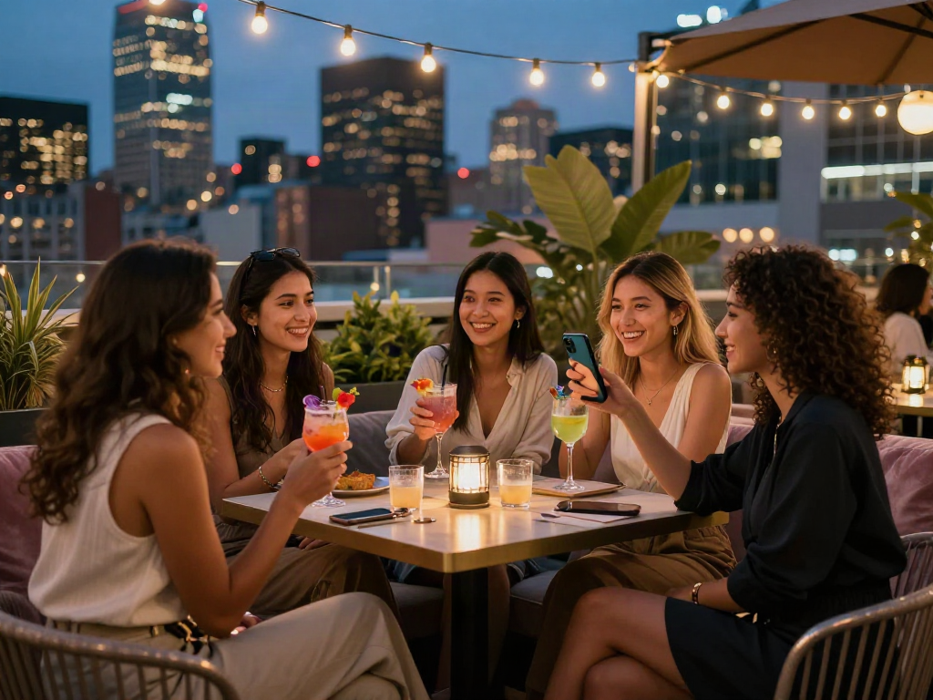 Group enjoying vibrant nightlife with cocktails in a city rooftop bar, highlighting ia +18 social scene.