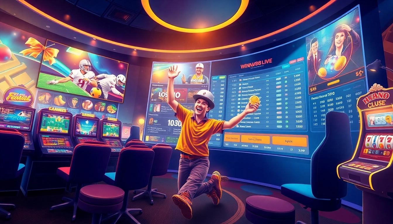 Dynamic gaming interface showcasing sports betting and casino options at winvn88.live, conveying excitement and luxury.