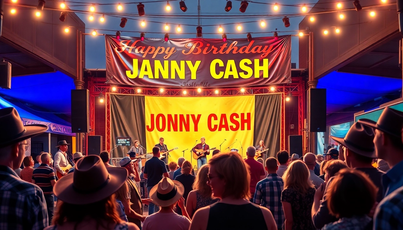 Vibrant scene from johnnycashbirthday.com celebration with musicians and fans enjoying live music.