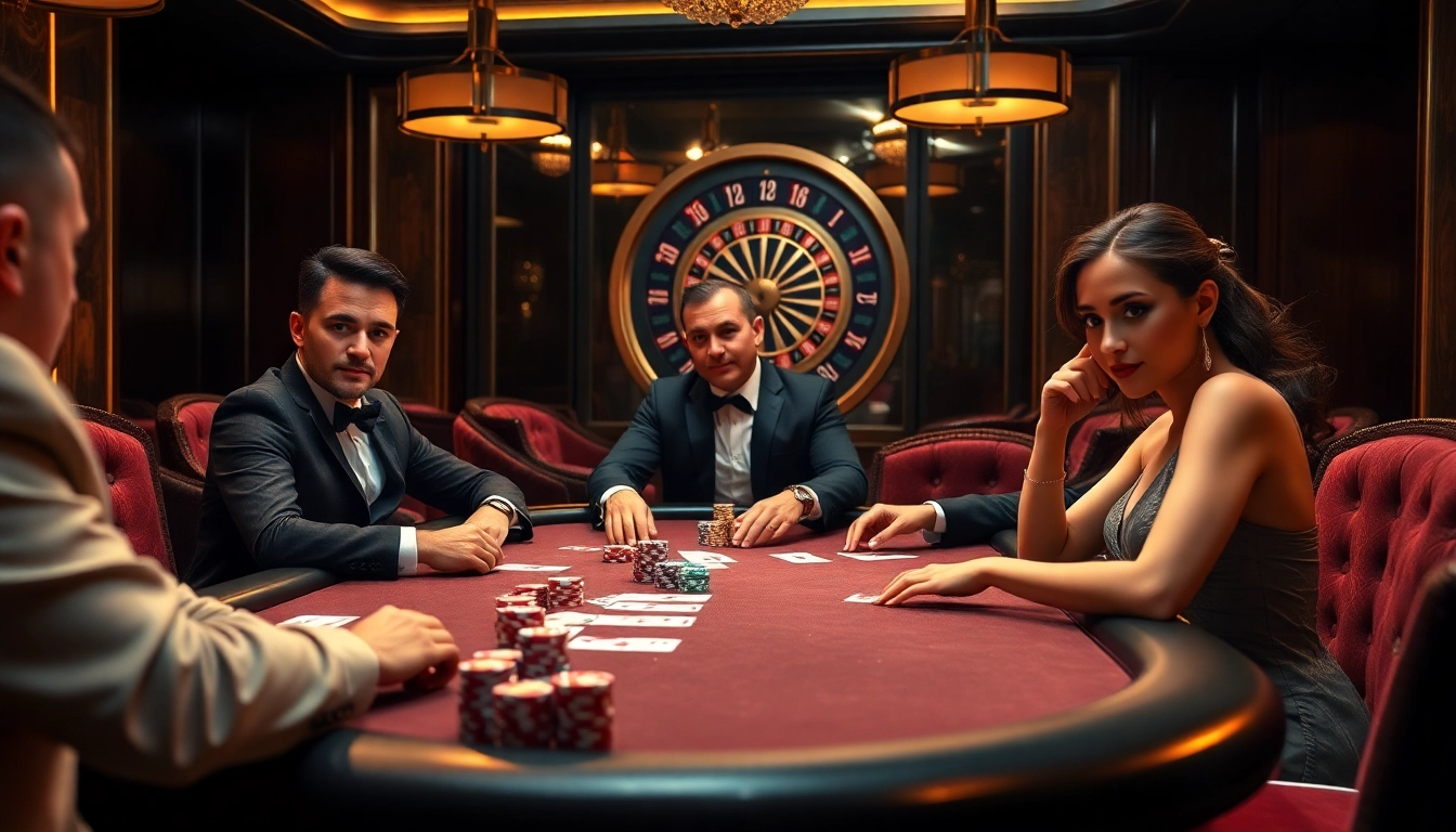 Gambling excitement at uu88vn.com showcasing a high-stakes poker game with elegant players.