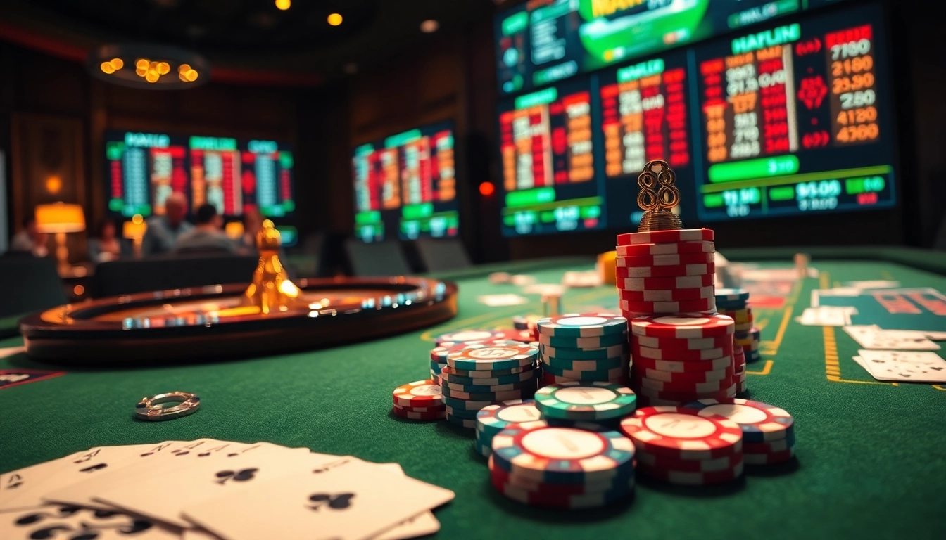 Engaging scene featuring the excitement of nhà cái max88 with vibrant gambling elements like poker chips and roulette wheels.