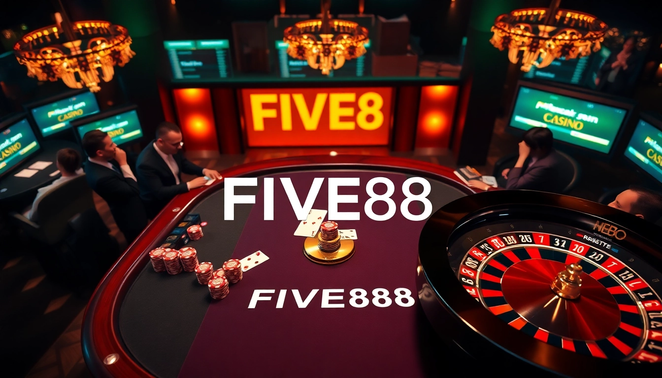 Players enjoying a thrilling game at FIVE88 casino table with vibrant atmosphere.