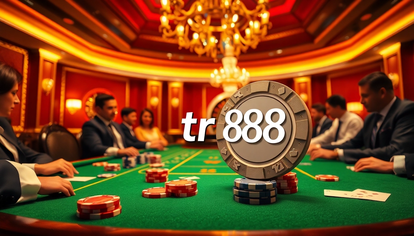 Players enjoying a poker game at a high-stakes table featuring tr88 themed chips and cards.