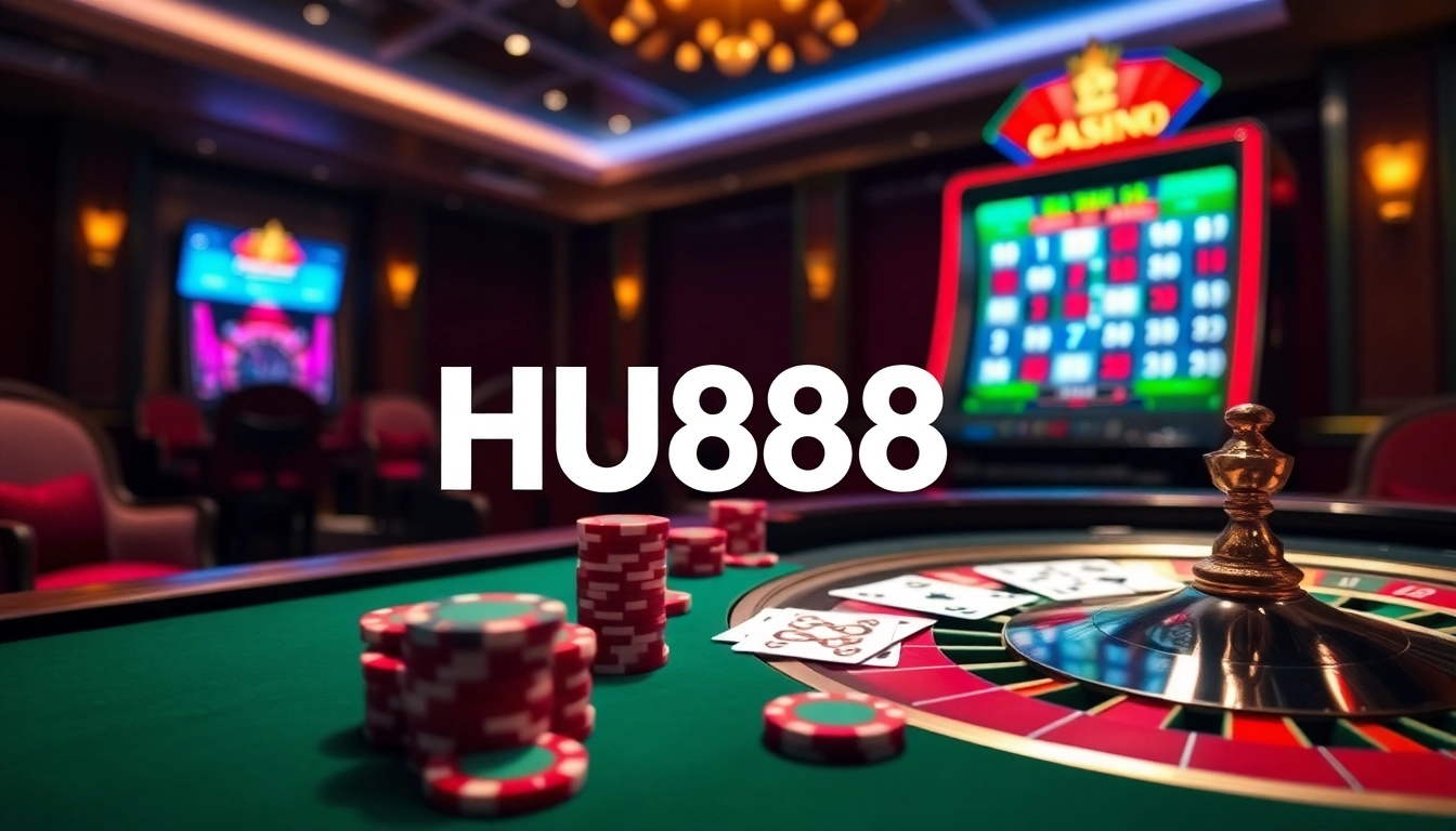 Join the excitement at HU88 with a vibrant casino scene featuring poker tables and roulette.