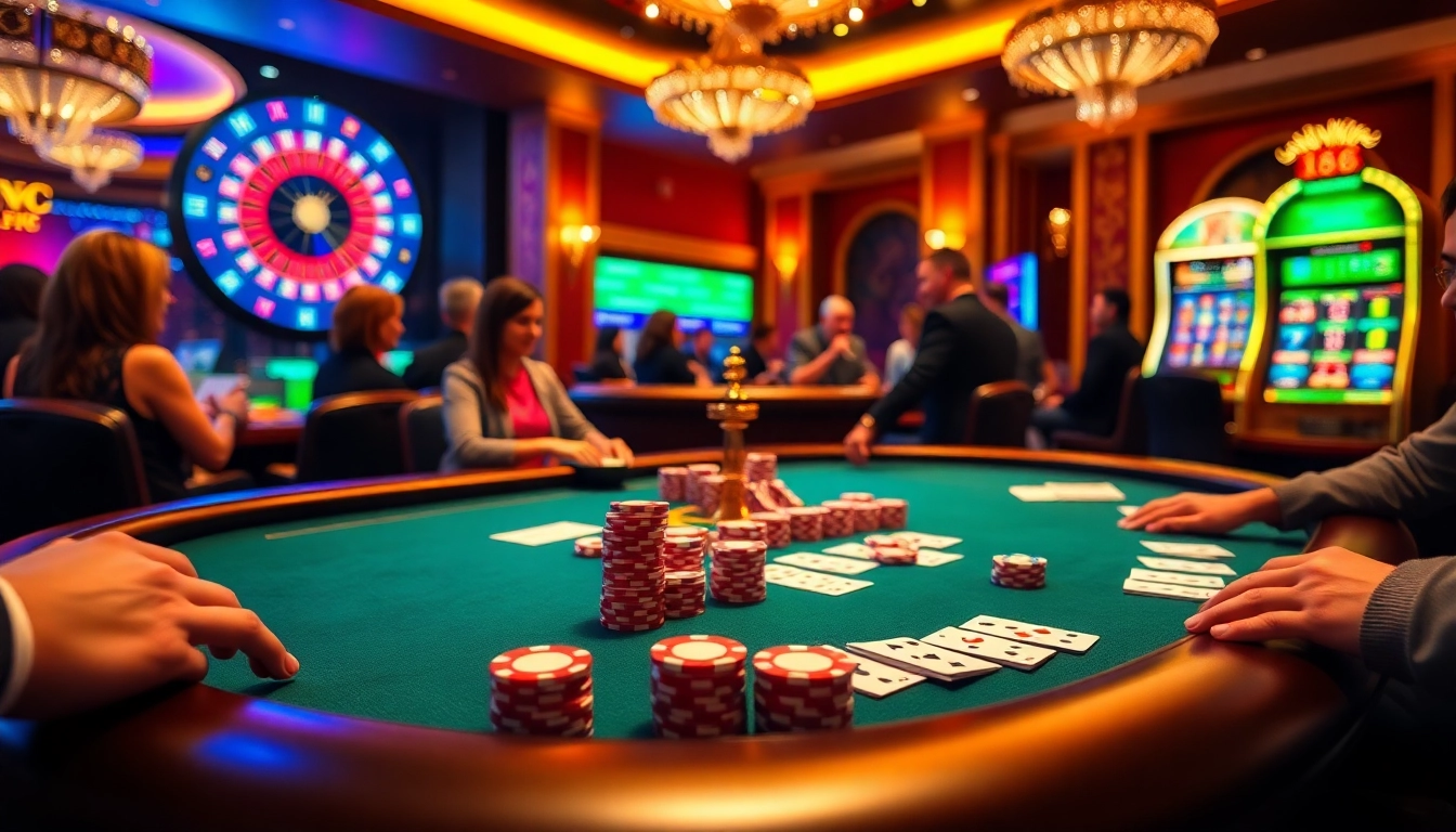 Experience nk88 đăng nhập with thrilling casino gameplay at a vibrant poker table surrounded by enthusiastic players.