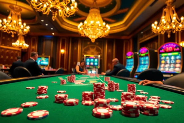 Engage in high-stakes j88 poker at a luxurious casino table with vibrant chips and engaging players.