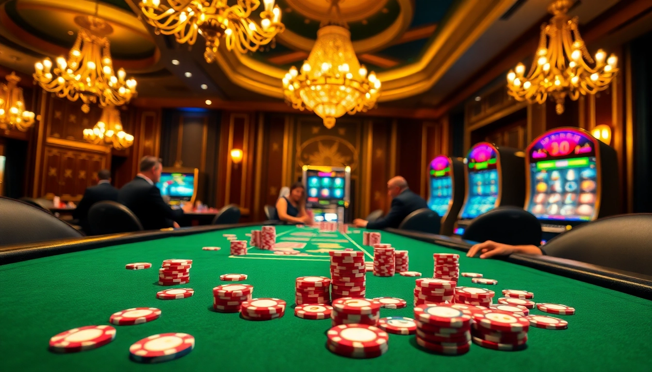 Engage in high-stakes j88 poker at a luxurious casino table with vibrant chips and engaging players.