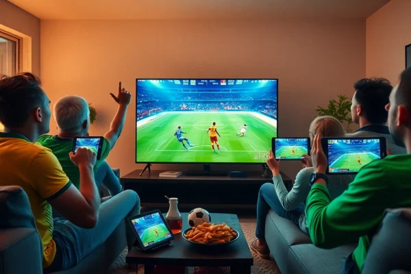 Exciting fan engagement at joemadfan.com, showcasing a high-tech football viewing experience with lively fans.