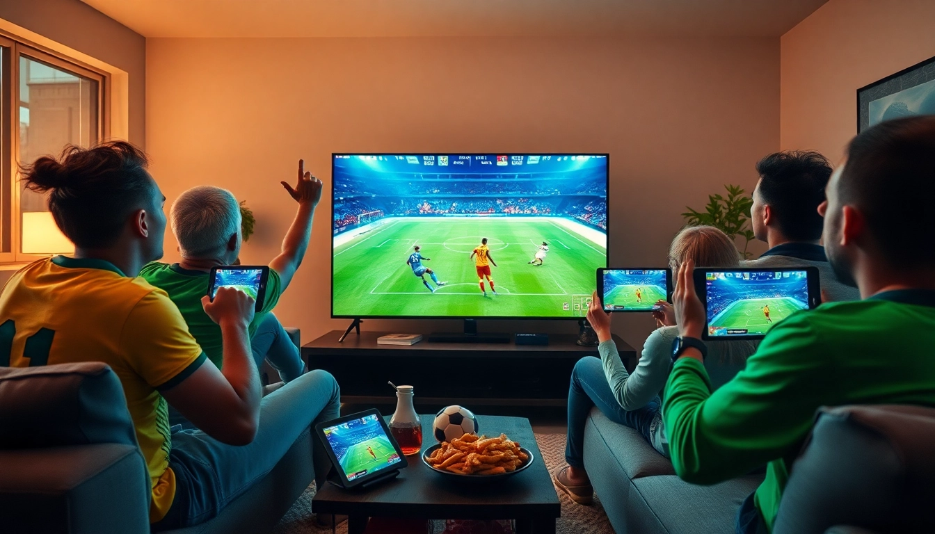 Exciting fan engagement at joemadfan.com, showcasing a high-tech football viewing experience with lively fans.