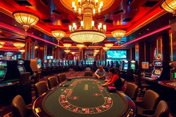 Engaging poker game scene at a luxurious casino featuring MB66 poker chips and vibrant casino atmosphere.