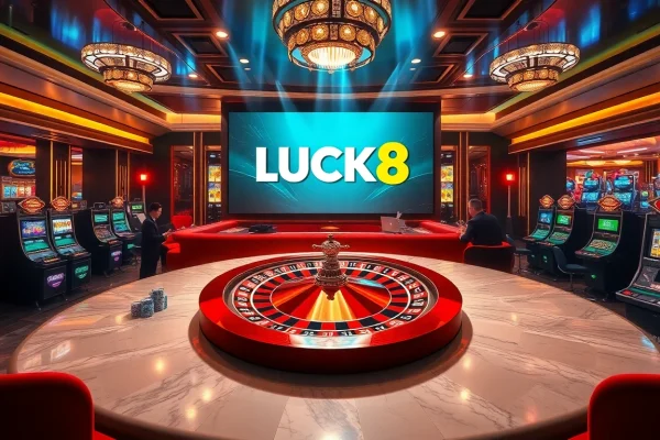 Engaging casino scene featuring a vibrant roulette wheel and LUCK8 branding, showcasing excitement in gambling.
