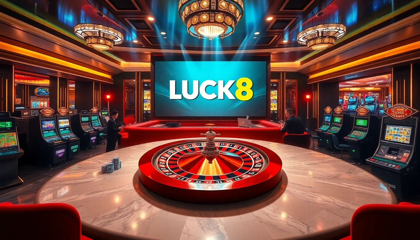 Engaging casino scene featuring a vibrant roulette wheel and LUCK8 branding, showcasing excitement in gambling.