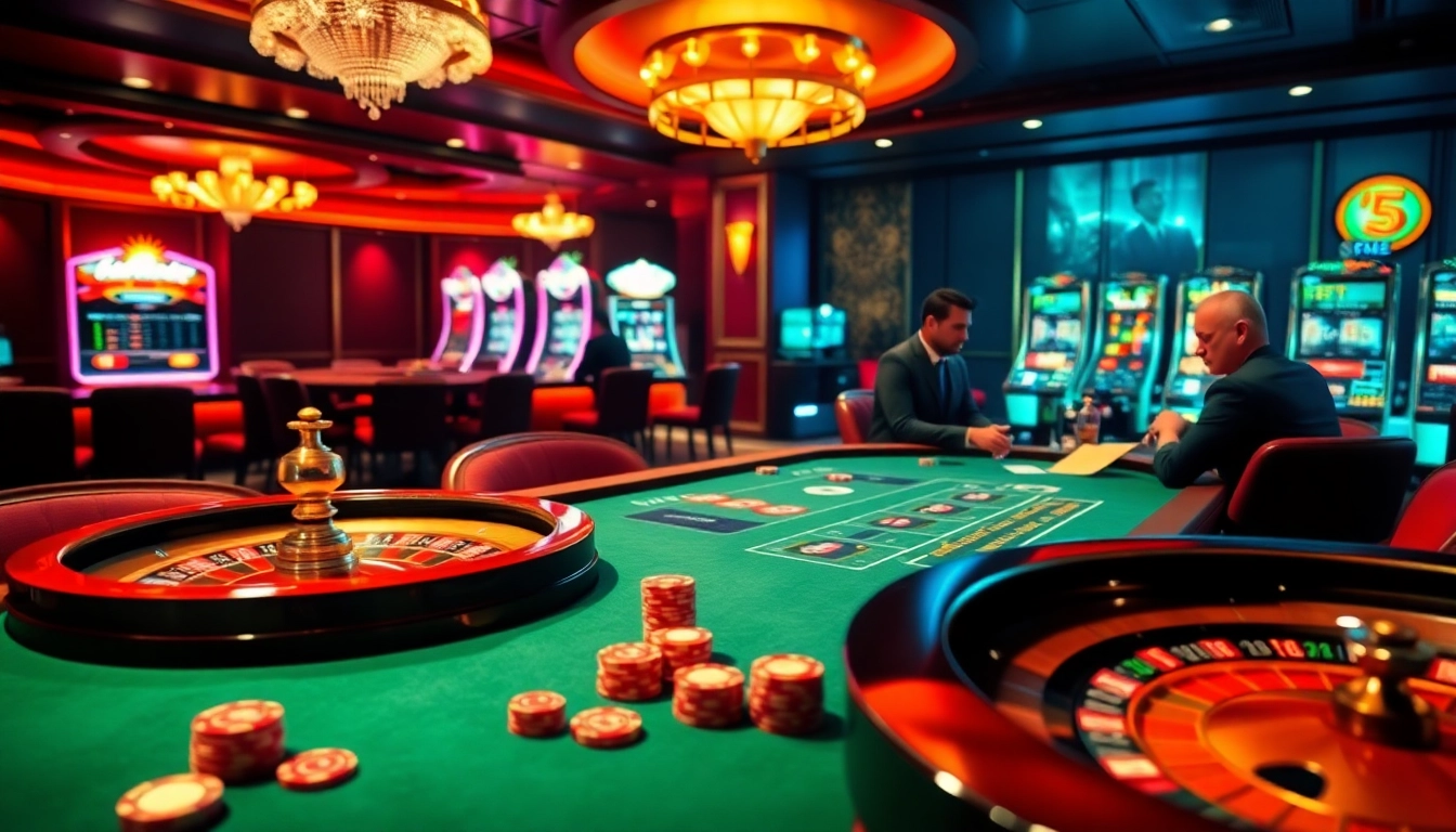 A dynamic gambling scene featuring poker chips and a roulette wheel, highlighting https://da88j.com/ for an engaging gaming experience.