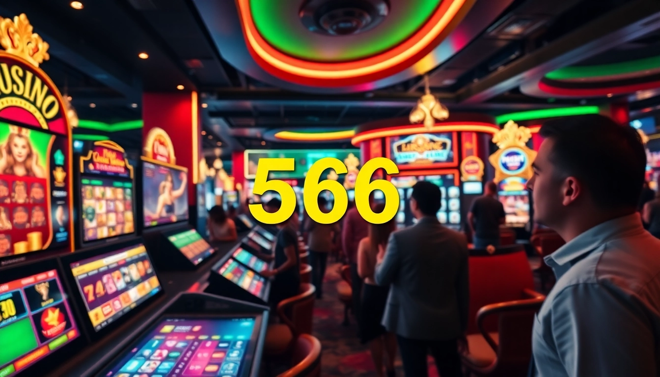 566 online casino scene with vibrant lighting, excited players engaging in games, showcasing a thrilling gambling atmosphere.