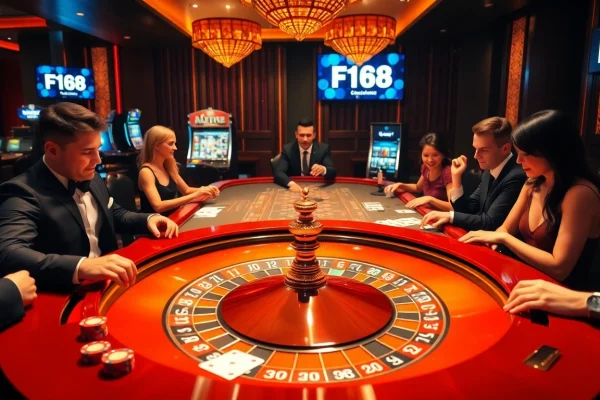 F168 enhances the excitement at a luxurious casino with players at a roulette table.