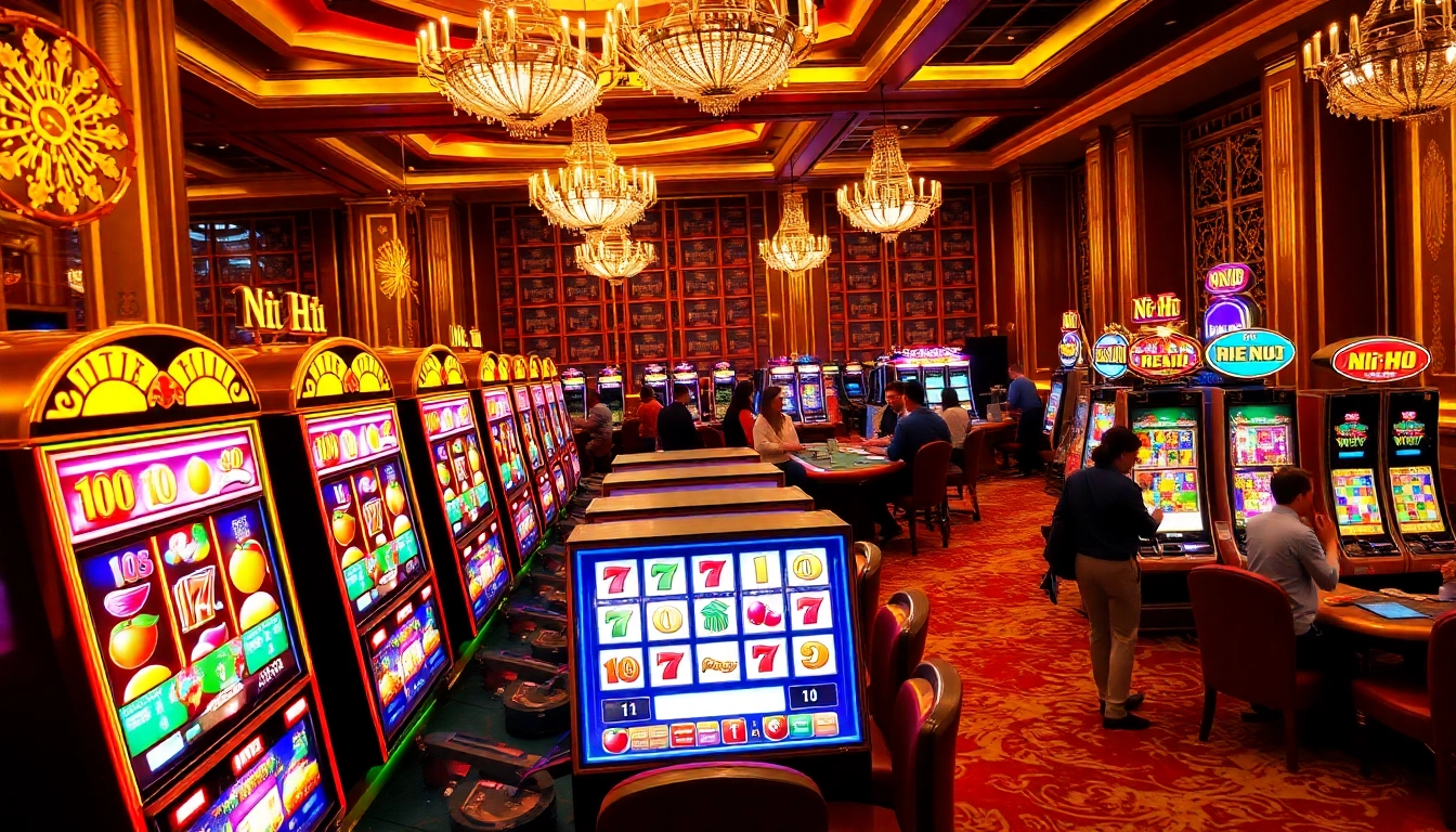 Players spinning nổ hũ slot machines in a glamorous casino venue, evoking excitement and anticipation.